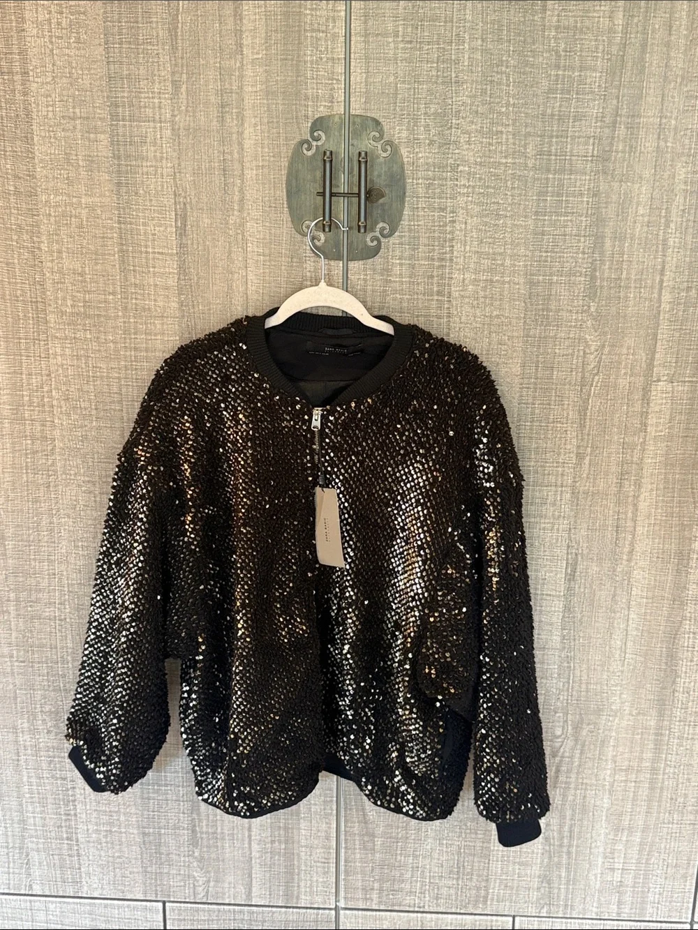 Zara Black And‎ Gold Sequin Bomber Jacket.